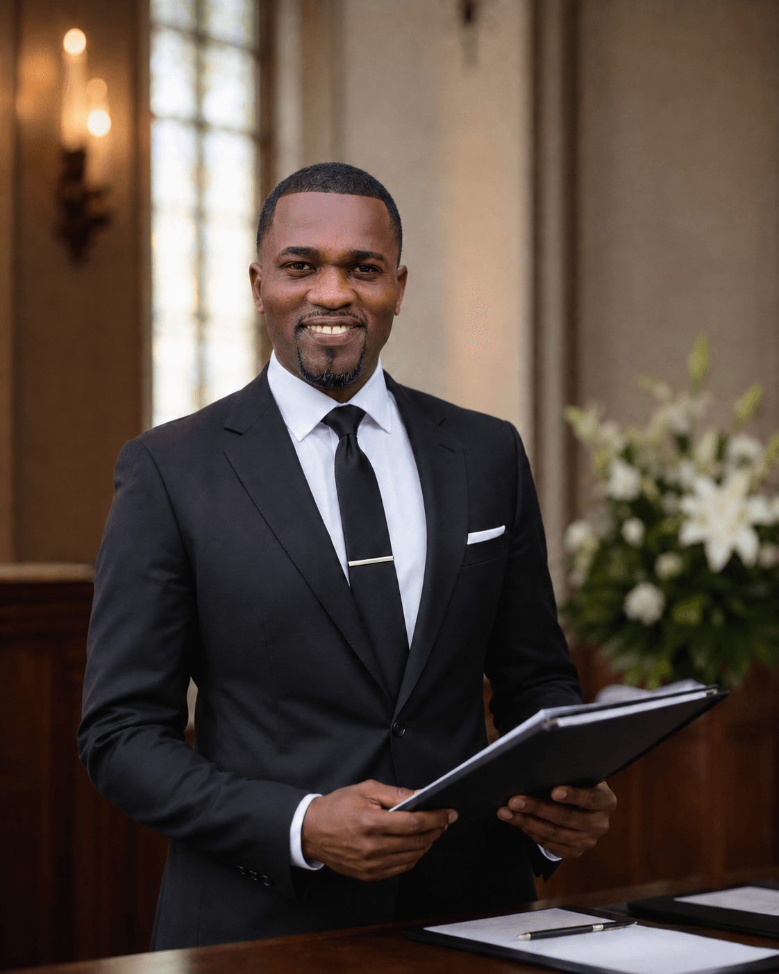 Dr. Kishford Frank standing in a chapel with service materials