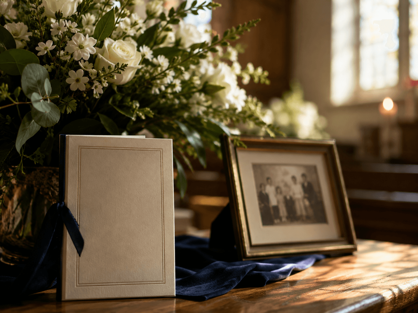 Flowers, a service programme and a family photograph arranged for remembrance
