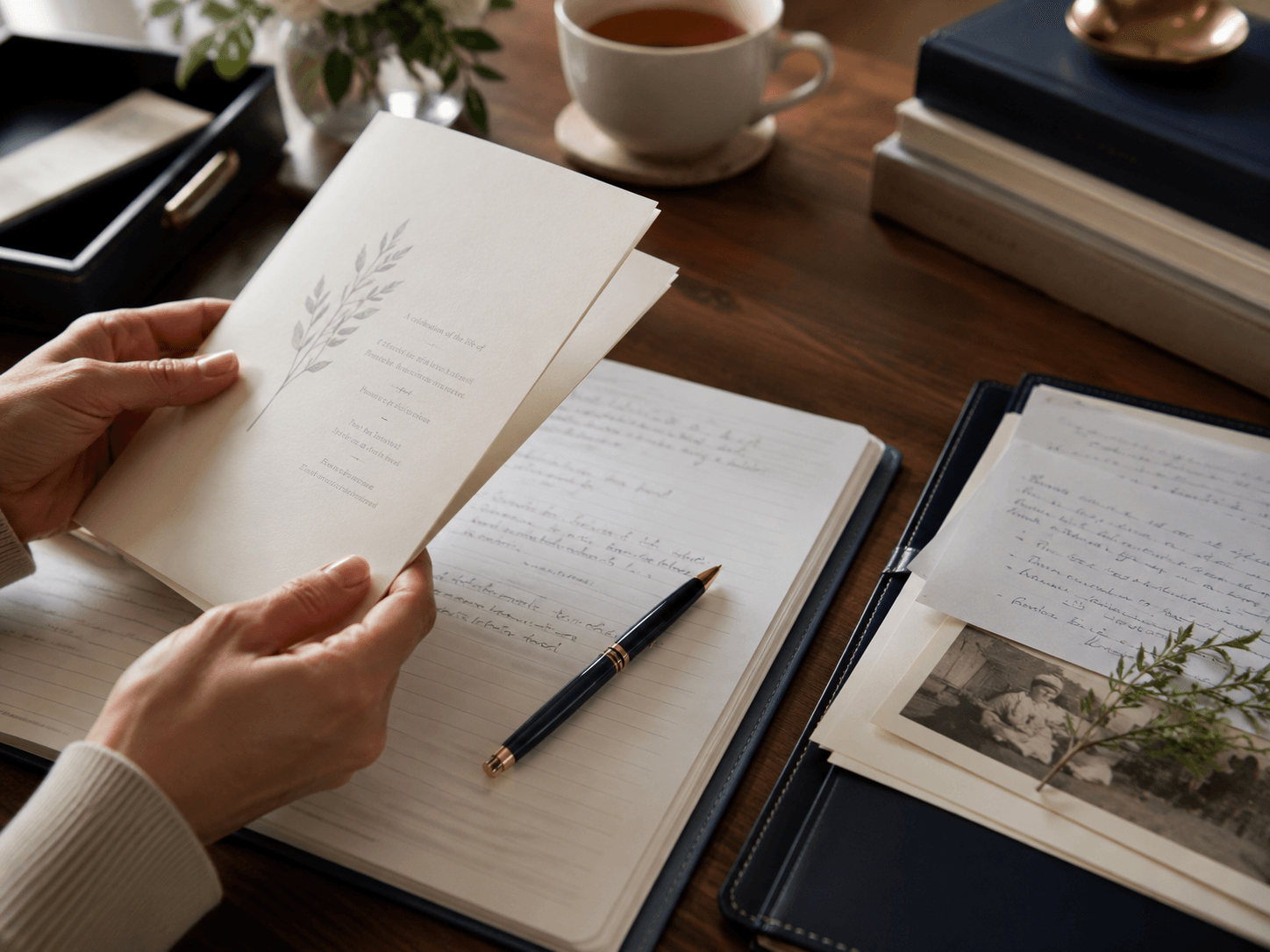 Service notes, programme details and biographical materials being reviewed with care